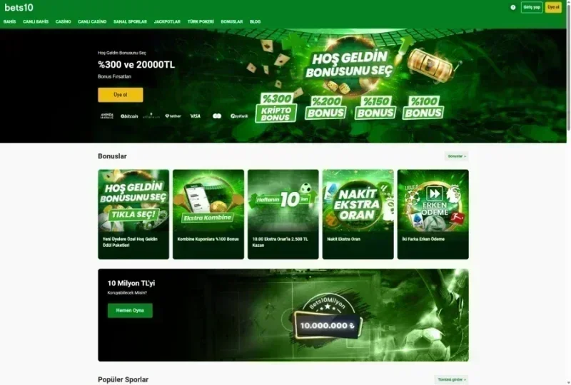 Bets10 ana sayfa görünümü