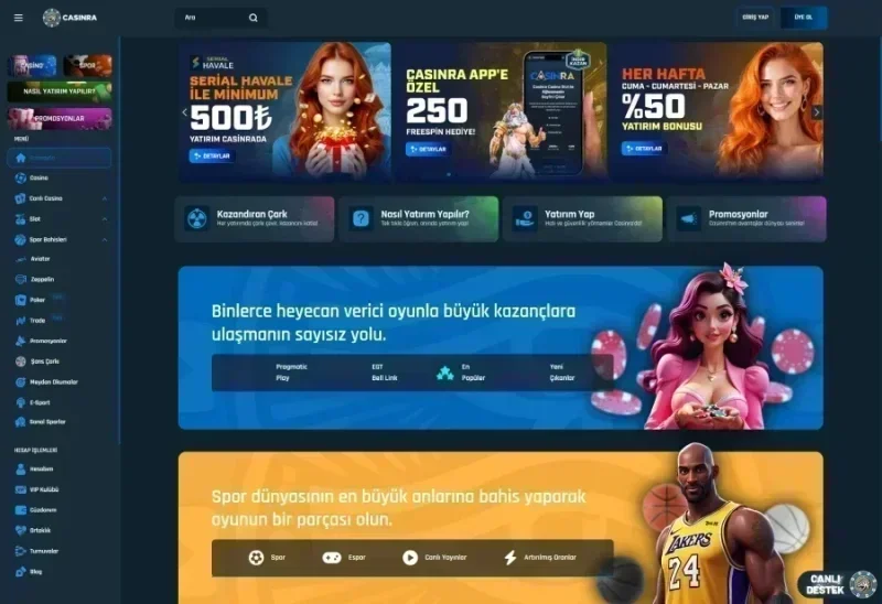 Casinra ana sayfa görünümü