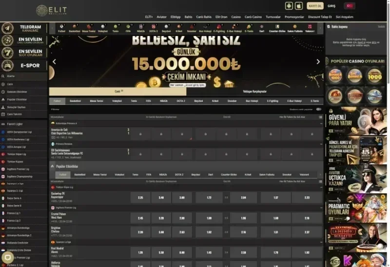 ElitCasino ana sayfa görünümü