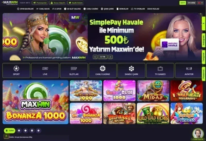 Maxwin ana sayfa görünümü