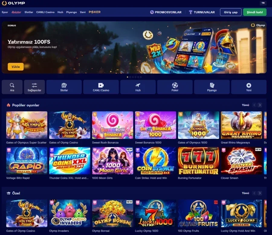 Olymp Casino ana sayfa görünümü