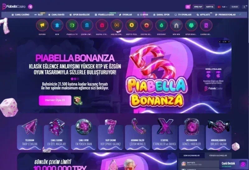 Piabella Casino ana sayfa görünümü