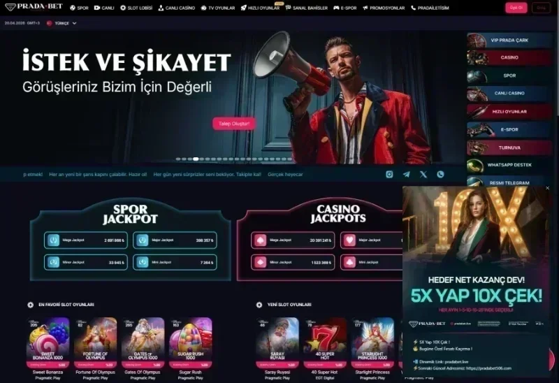 Pradabet ana sayfa görünümü
