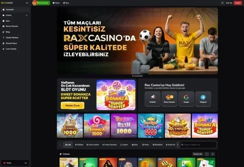Raxcasino ana sayfa görünümü