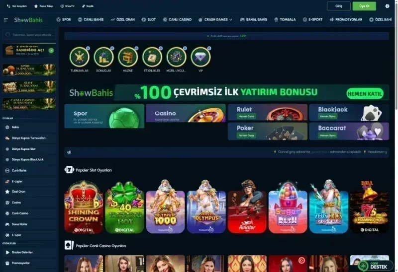 Showbahis ana sayfa görünümü