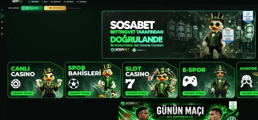 Sosabet ana sayfa görünümü