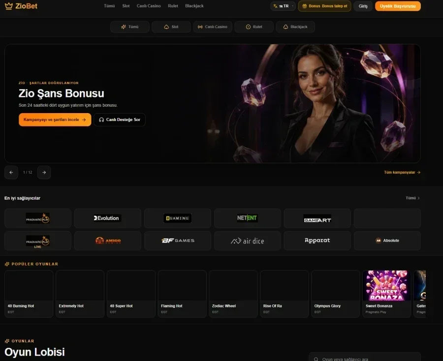 Ziobet ana sayfa görünümü